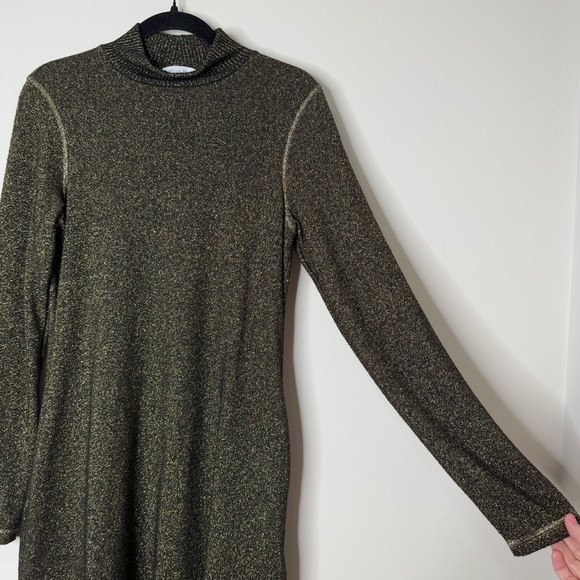 Michael Stars Olivia Sparkle Black Gold Metallic Mock Neck Knit Mini Dress Small - Picture 3 of 11